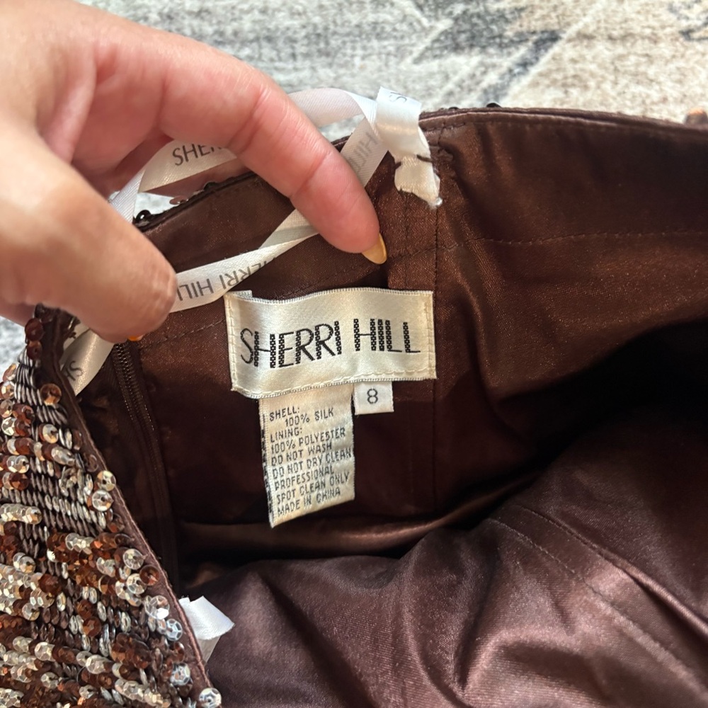 Sherri Hill sparkle glitter pageant prom formal dress brown mocha size 6 silk - Picture 6 of 13